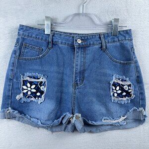 Unbranded Distressed Daisy Dukes Shorts Floral Print Raw Trim Denim Women Size L